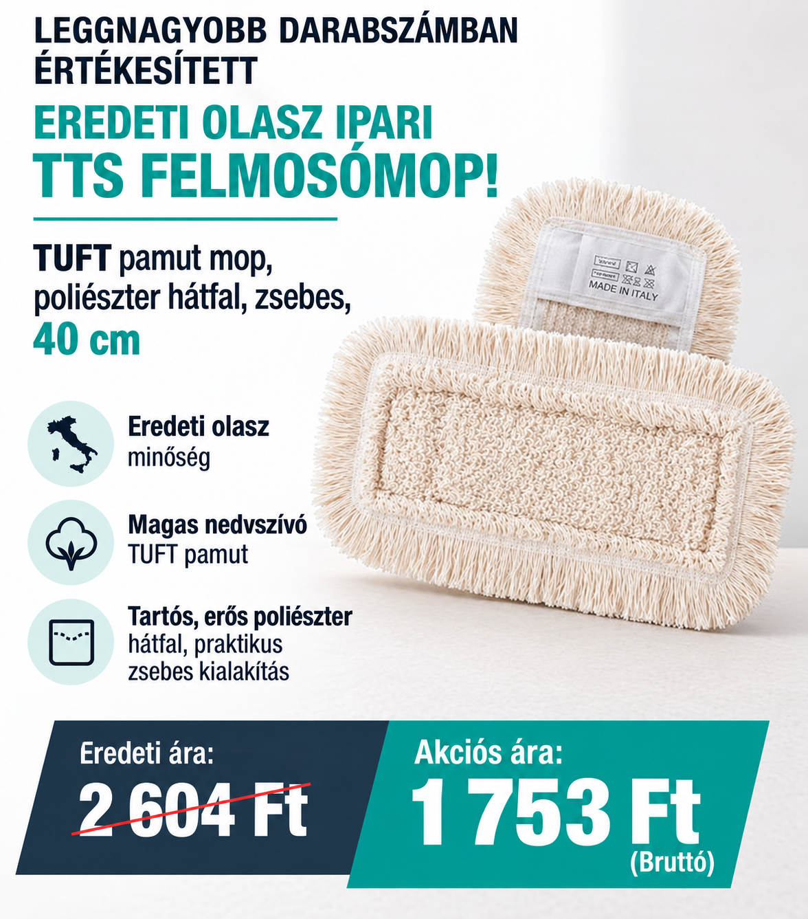 TUFT pamut mop, poliészter hátfal, zsebes, 40 cm